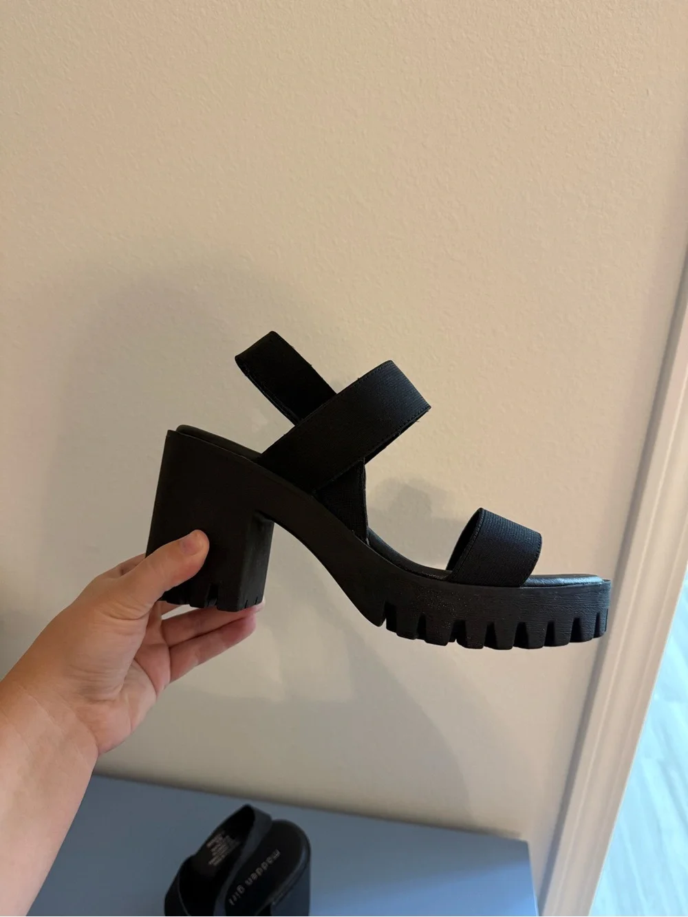 Madden Girl Black Chunky Lug-Heel Wedge Sandals